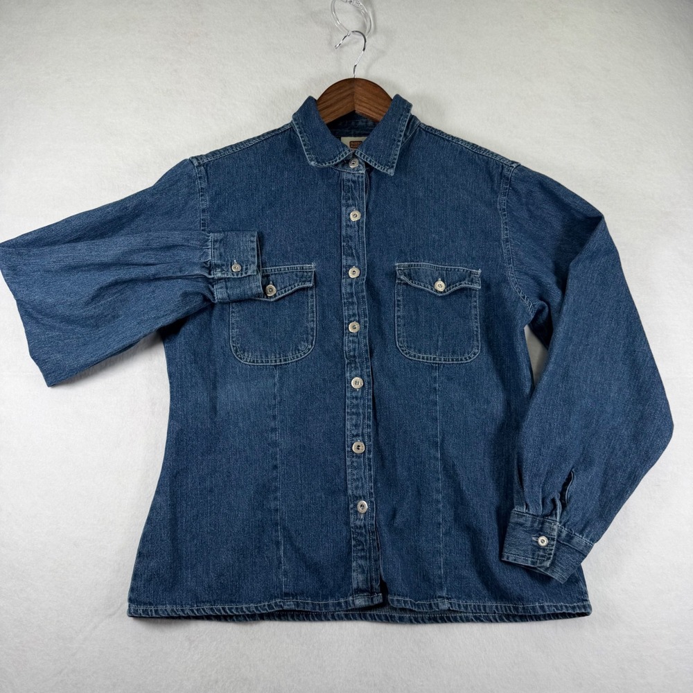 Faded Glory Womens Denim Button Down Shirt Medium Blue Cotton Long Sleeve Top